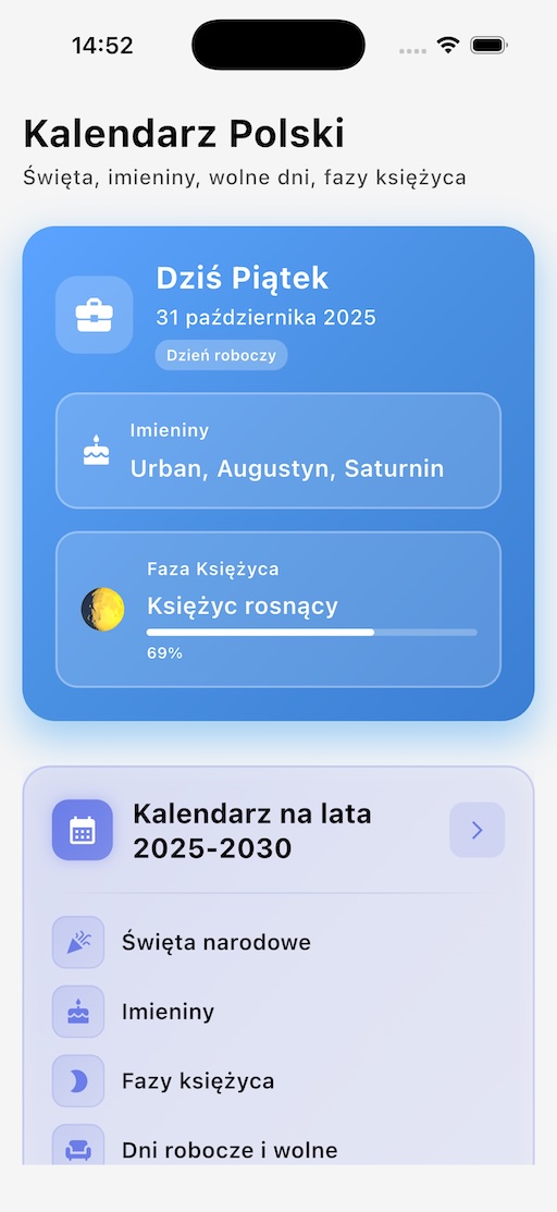 Ekran główny aplikacji Kalendarz Polski z informacją o dzisiejszym dniu, świętach i imieninach