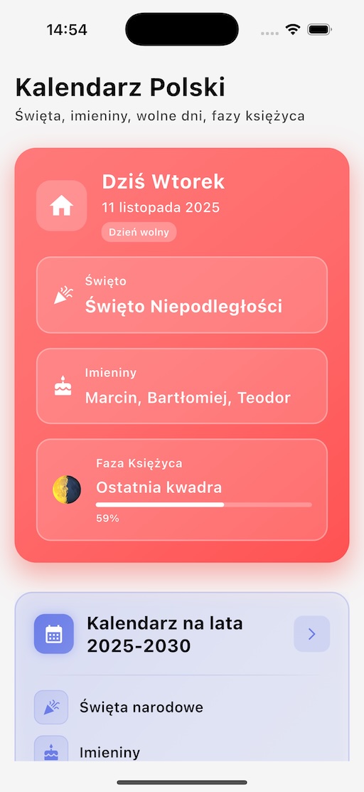 Kalendarz Polski pokazujący miesiąc z oznaczeniami świąt narodowych i imienin