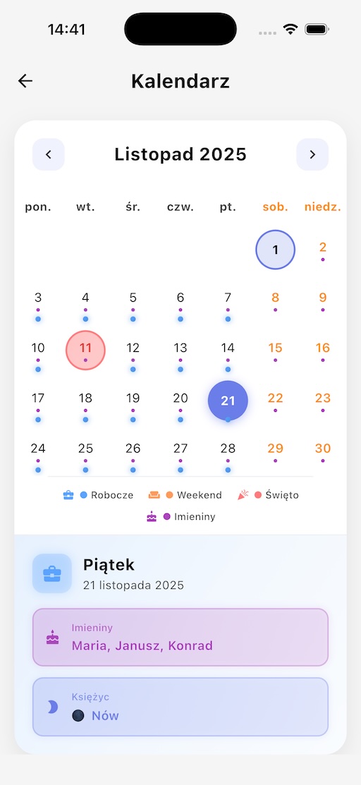 Kalendarz Polski - widok roczny z oznaczonymi świętami narodowymi, dniami wolnymi i imieninami na lata 2025-2030