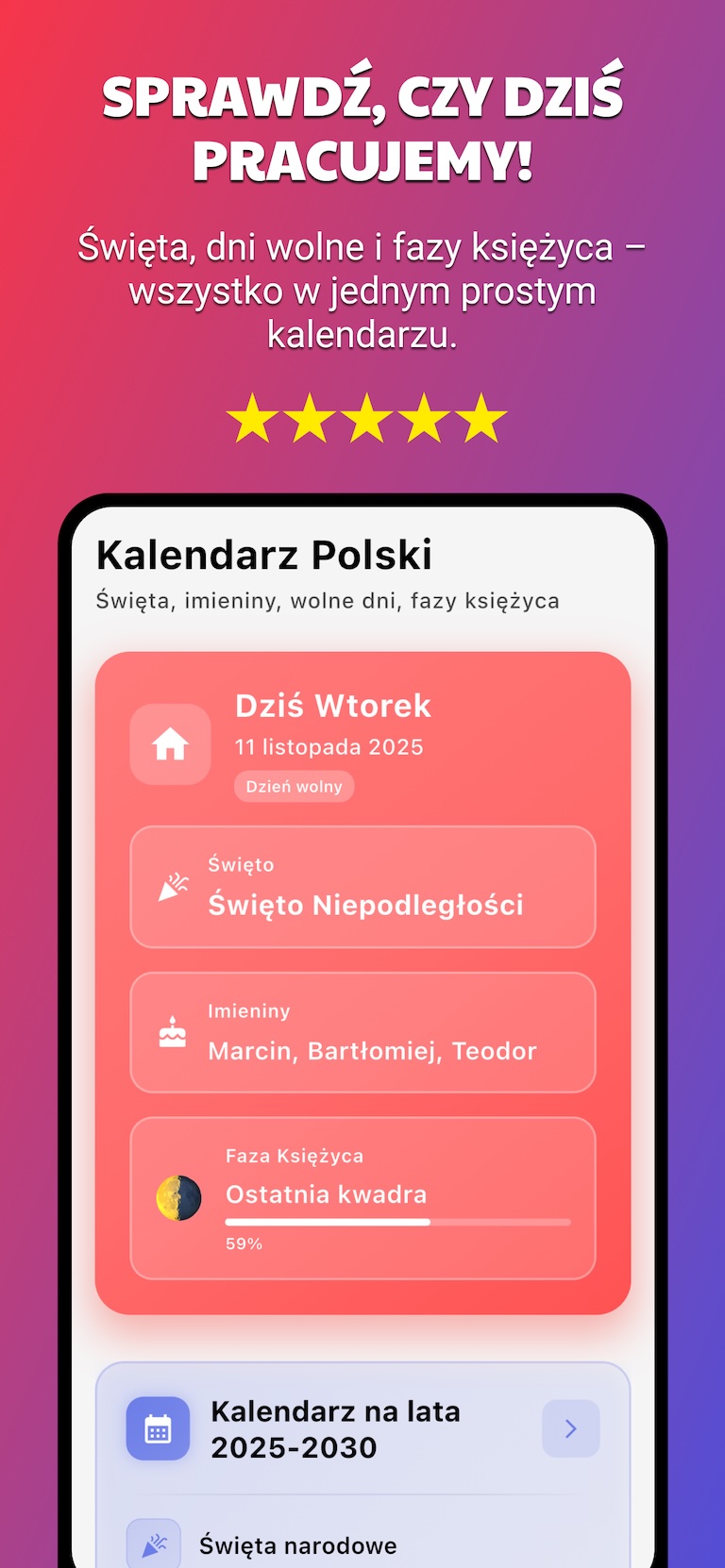 Kalendarz Polski - ekran główny z dzisiejszą datą, świętami i imieninami