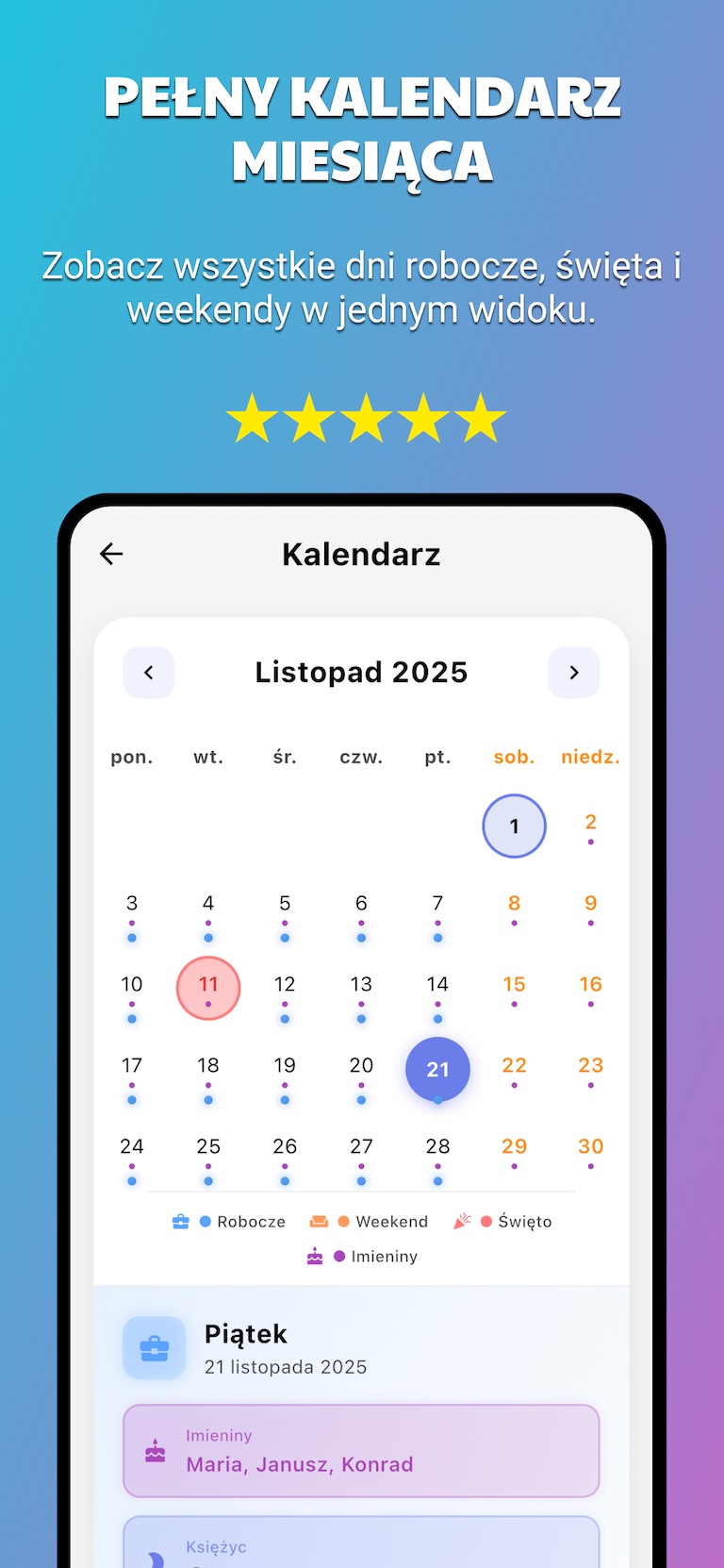 Kalendarz Polski - widok miesiąca z zaznaczonymi świętami narodowymi i dniami wolnymi