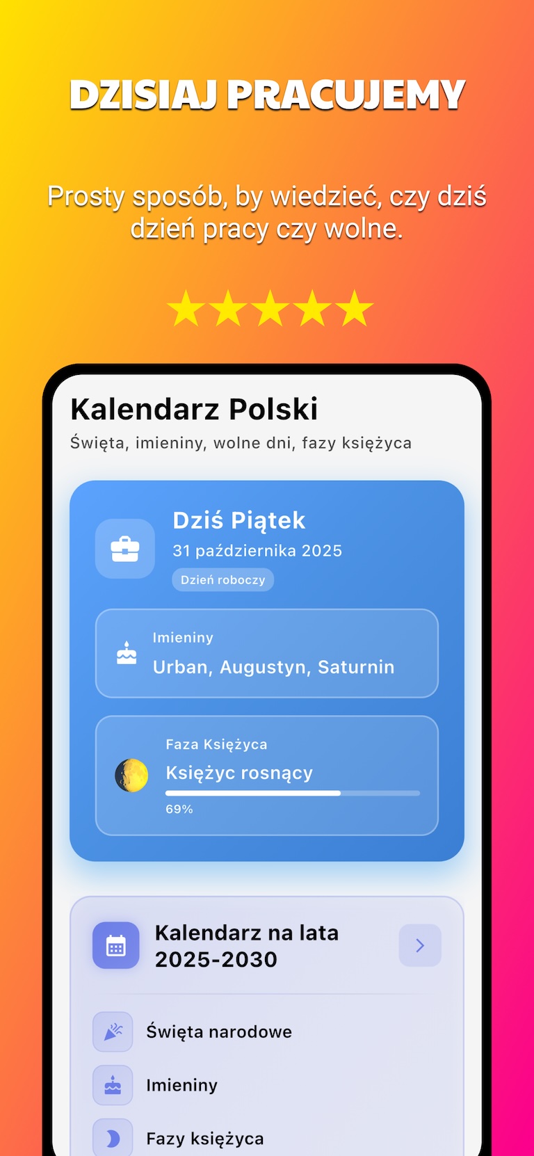 Kalendarz Polski - szczegóły dnia z imieninami i fazą księżyca